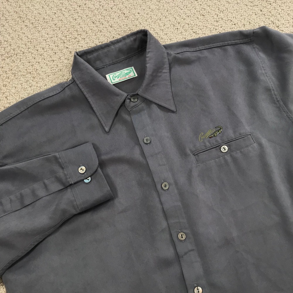 Crocodile Original 100 Mens Long Sleeve Button Down Shirt Grey Logo Vintage